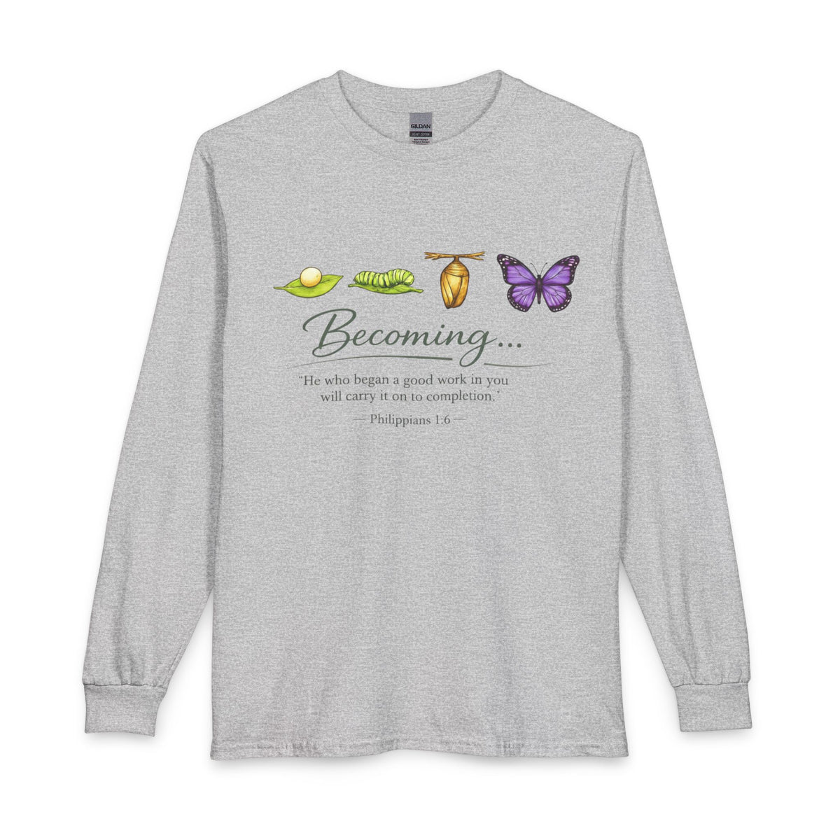Becoming Butterfly Long Sleeve Tee — Christian Inspirational Growth Shirt (Philippians 1:6)
