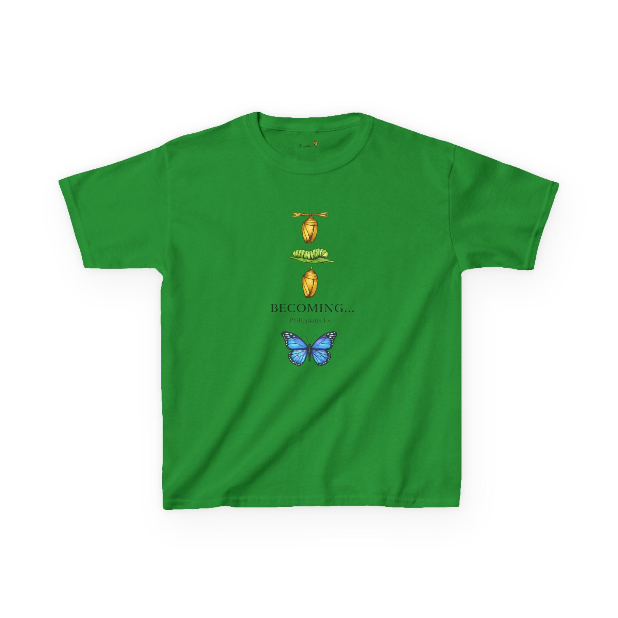 Kids Tee — "Becoming" Butterfly Life Cycle Graphic Shirt