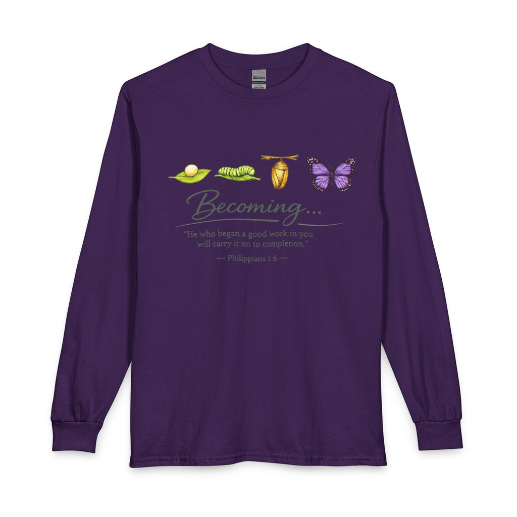 Becoming Butterfly Long Sleeve Tee — Christian Inspirational Growth Shirt (Philippians 1:6)