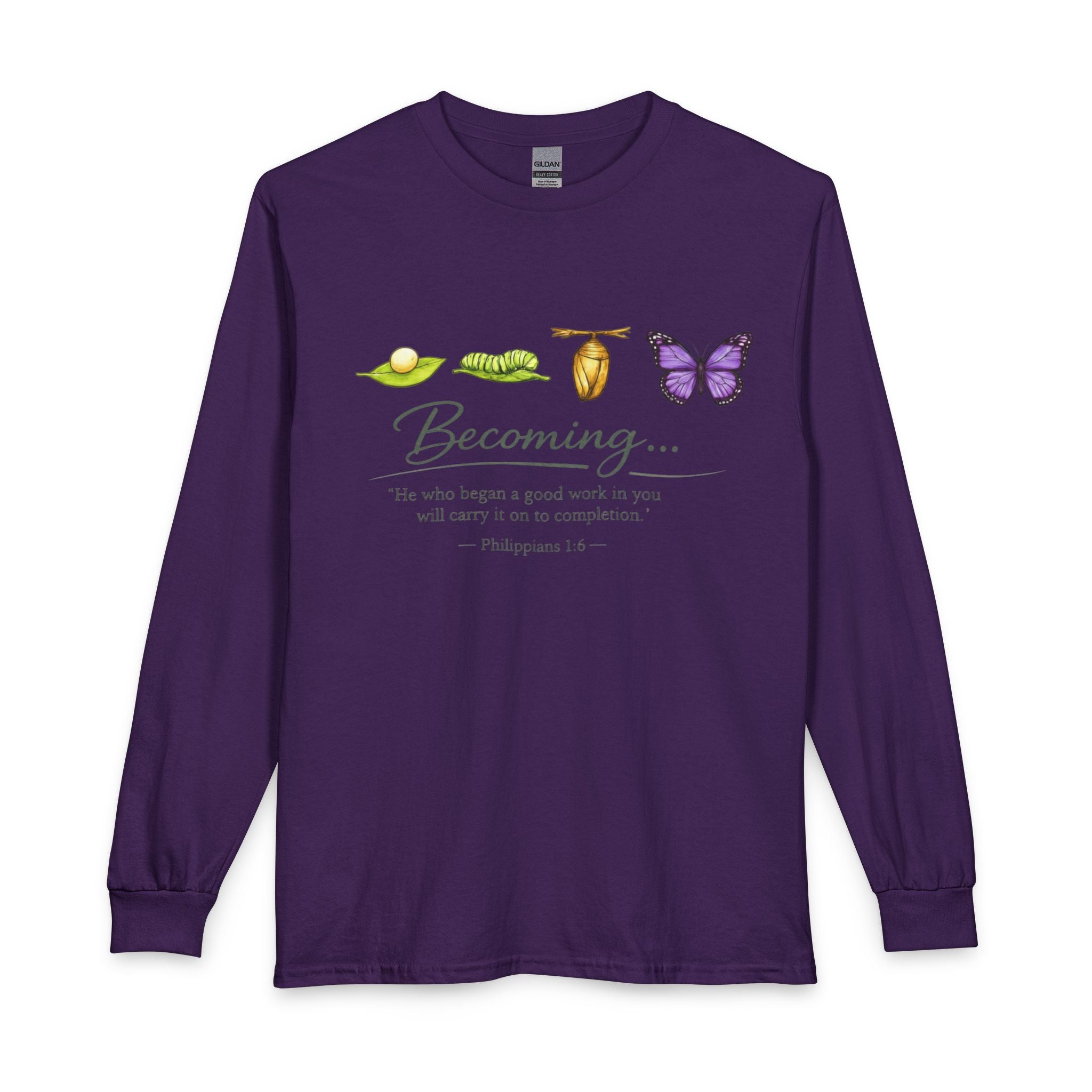 Becoming Butterfly Long Sleeve Tee — Christian Inspirational Growth Shirt (Philippians 1:6)