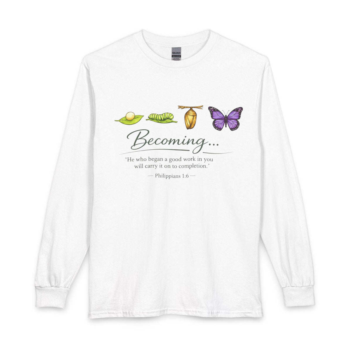 Becoming Butterfly Long Sleeve Tee — Christian Inspirational Growth Shirt (Philippians 1:6)