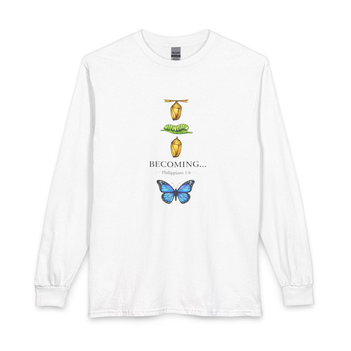 Becoming… Metamorphosis Long Sleeve Tee – Butterfly Life Cycle Shirt