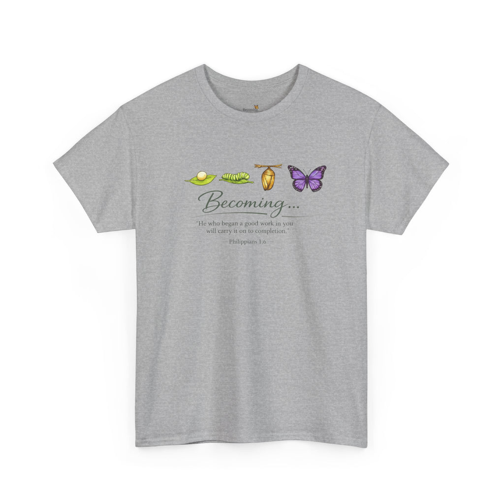 Purple Becoming Butterfly T-Shirt — Inspirational Caterpillar to Butterfly Transformation Tee
