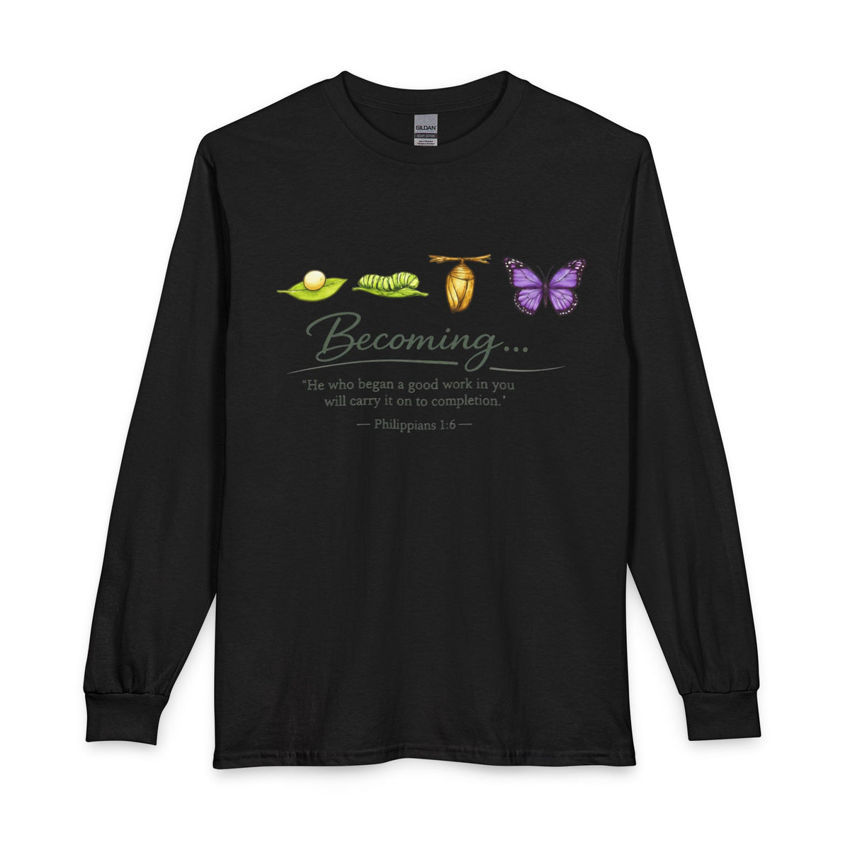 Becoming Butterfly Long Sleeve Tee — Christian Inspirational Growth Shirt (Philippians 1:6)