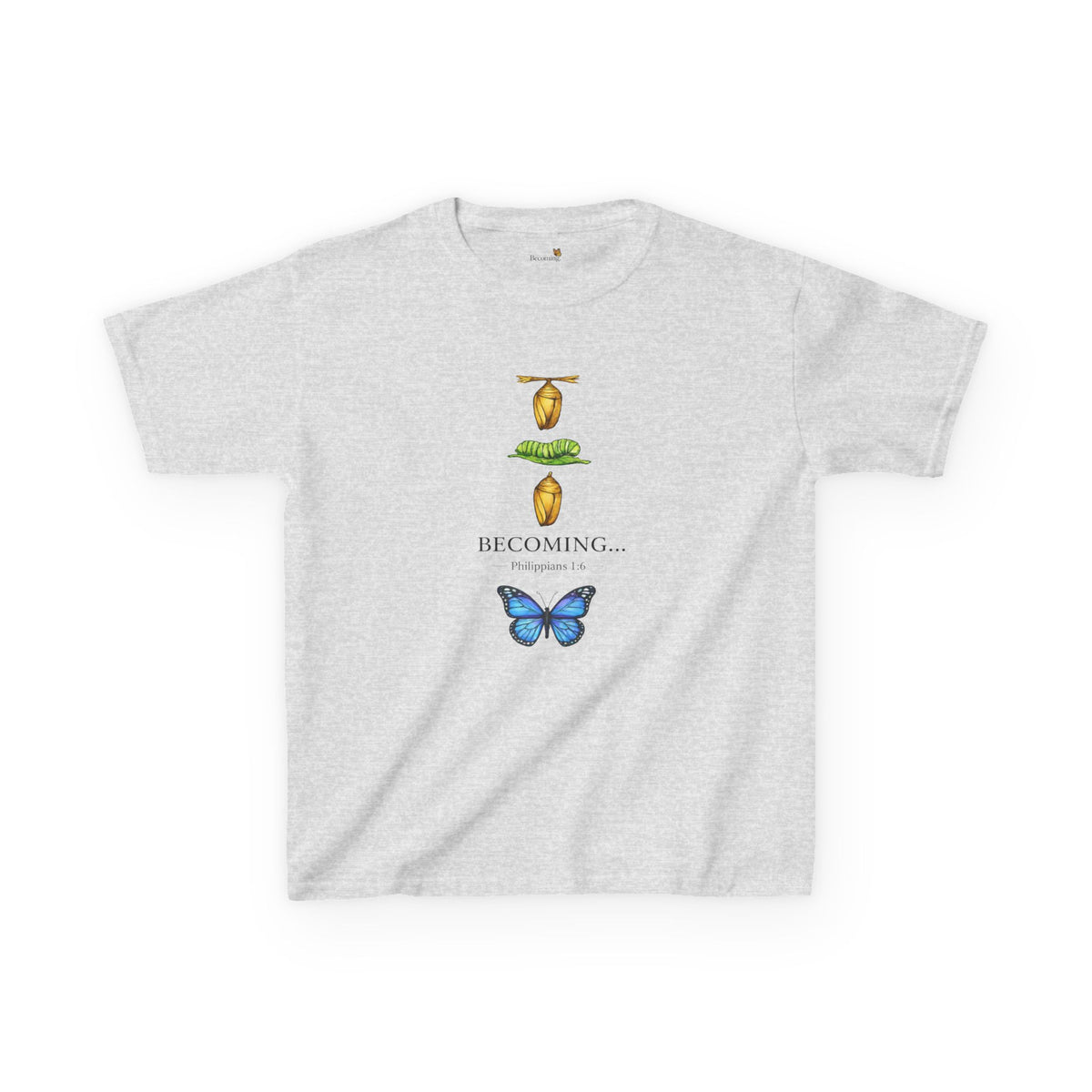Kids Tee — "Becoming" Butterfly Life Cycle Graphic Shirt